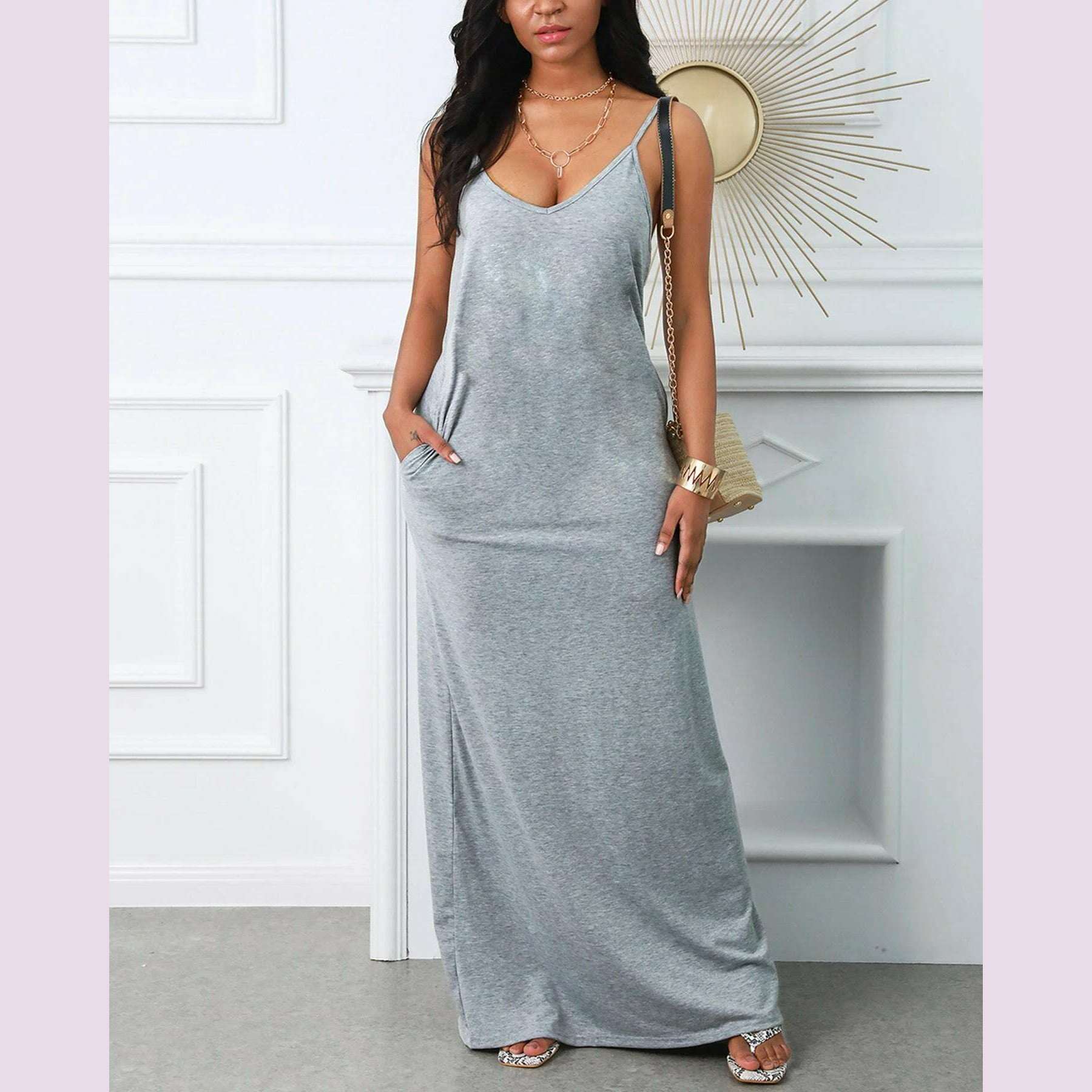 Women's summer loose fit oversized casual LOVE Red Lip lipstick print V-neck strap sexy slim fit dress - KIMLUD