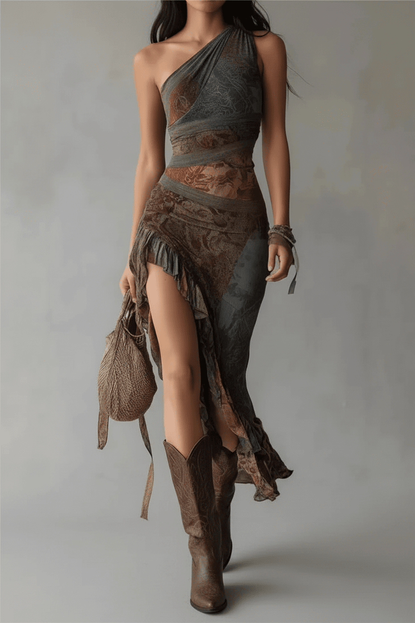 Woman wearing a one-shoulder dress with ruffled details and brown boots on a plain background