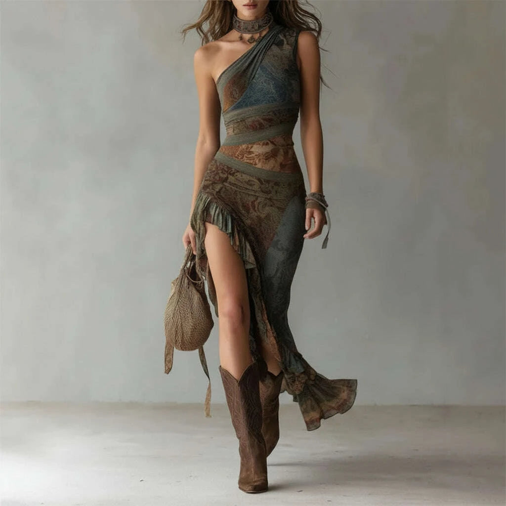Woman in a stylish dress with fringe and high slit, paired with brown boots and a woven bag, against a plain background.