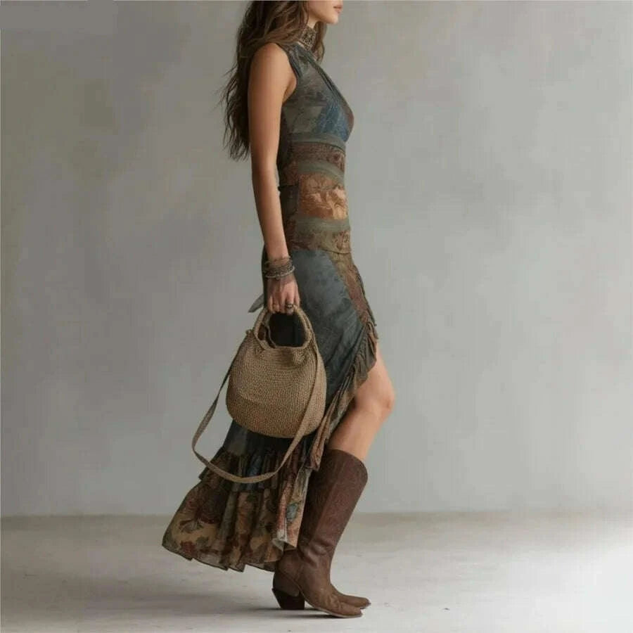 Woman wearing a patterned dress and brown boots holding a woven bag against a plain background.