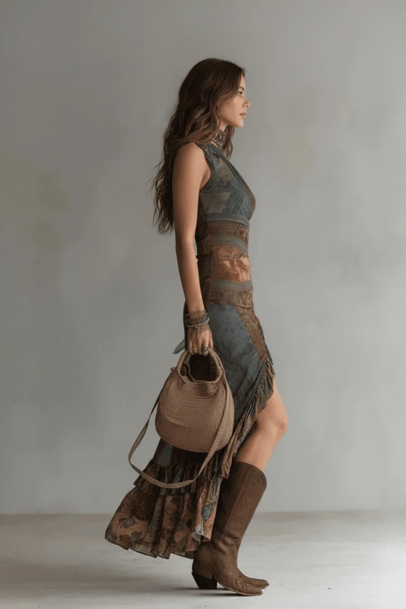 Woman in a patterned dress and brown boots holding a beige bag against a plain background