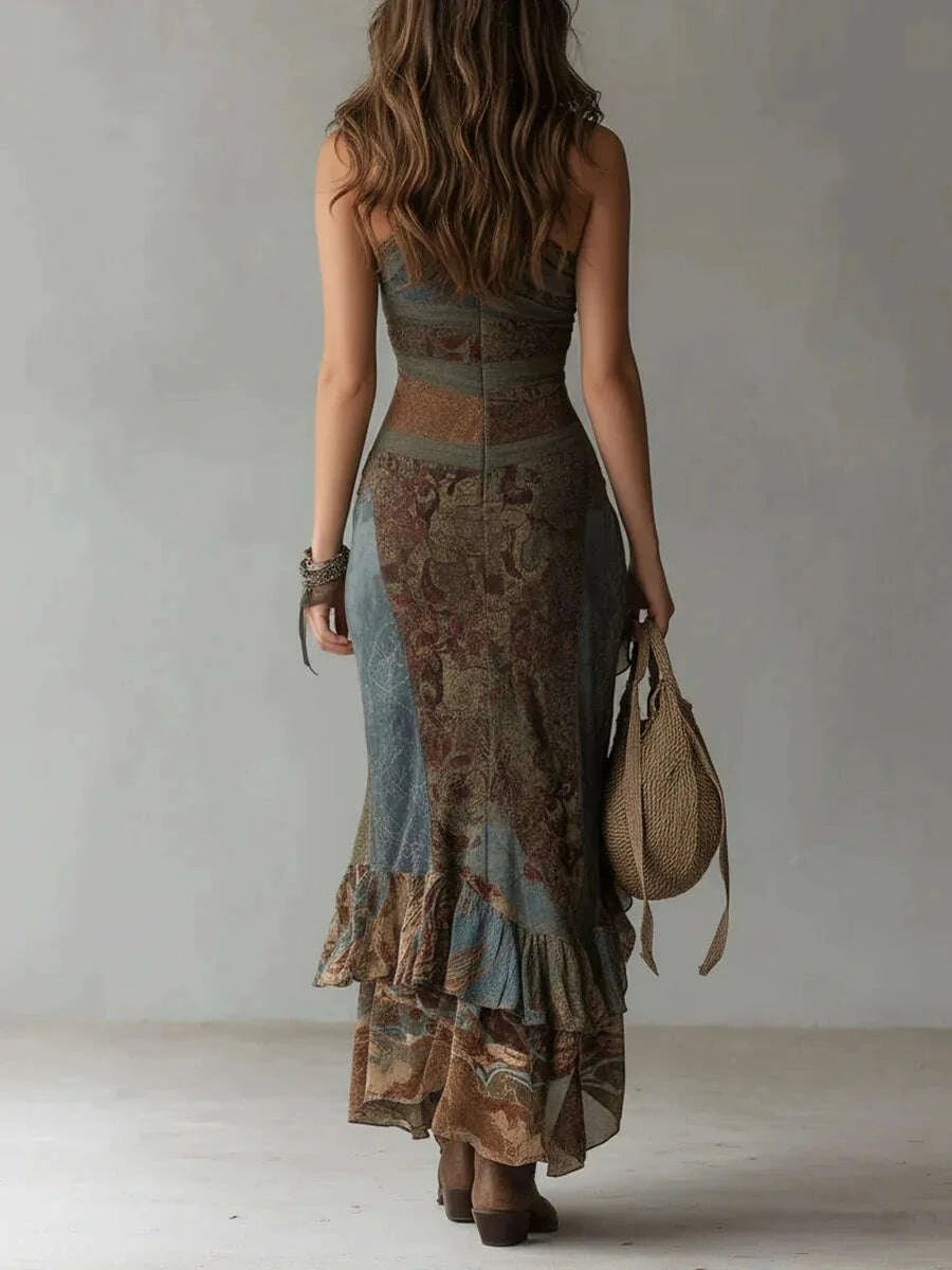 Woman wearing a patterned dress with a neutral background
