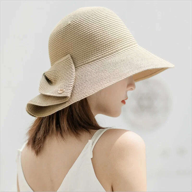 KIMLUD, Women's Sun Hat Big Bow Wide Brim Floppy Summer Hats for Women Beach Panama Straw Hat Sun Protection Visor Femme Cap Straw Hat, KIMLUD Womens Clothes