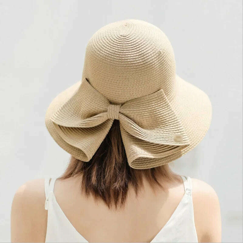 KIMLUD, Women's Sun Hat Big Bow Wide Brim Floppy Summer Hats for Women Beach Panama Straw Hat Sun Protection Visor Femme Cap Straw Hat, KIMLUD Womens Clothes