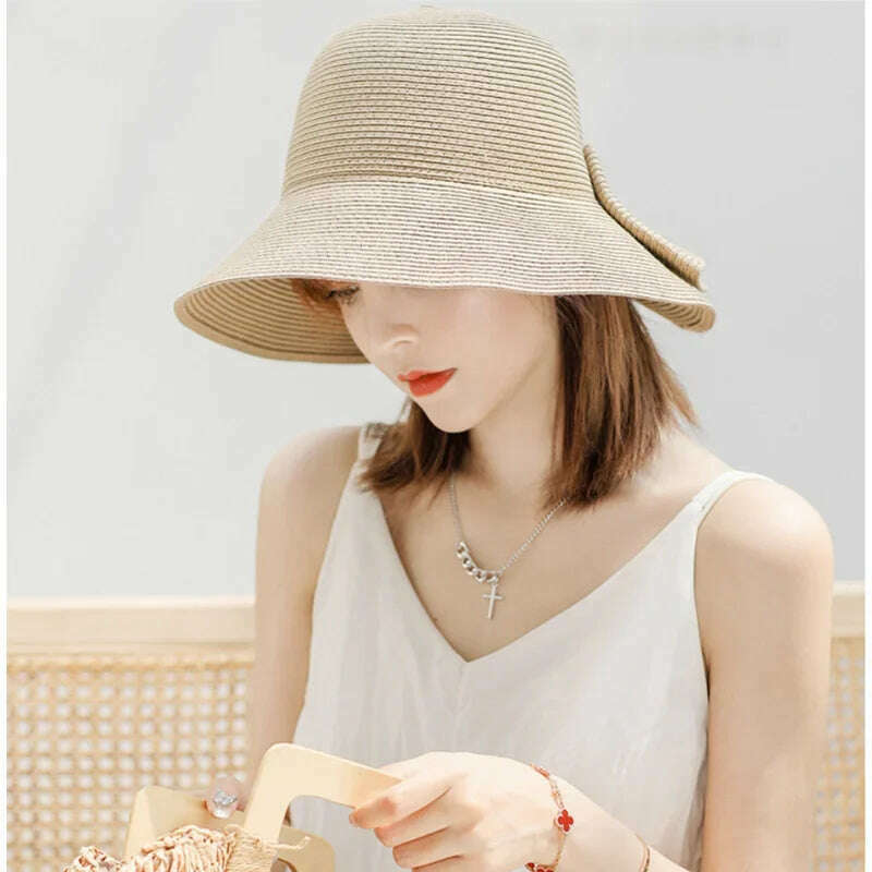 KIMLUD, Women's Sun Hat Big Bow Wide Brim Floppy Summer Hats for Women Beach Panama Straw Hat Sun Protection Visor Femme Cap Straw Hat, KIMLUD Womens Clothes