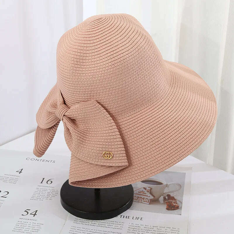 KIMLUD, Women's Sun Hat Big Bow Wide Brim Floppy Summer Hats for Women Beach Panama Straw Hat Sun Protection Visor Femme Cap Straw Hat, KIMLUD Womens Clothes