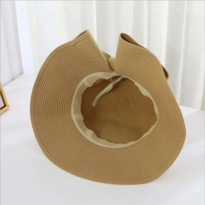 KIMLUD, Women's Sun Hat Big Bow Wide Brim Floppy Summer Hats for Women Beach Panama Straw Hat Sun Protection Visor Femme Cap Straw Hat, KIMLUD Womens Clothes