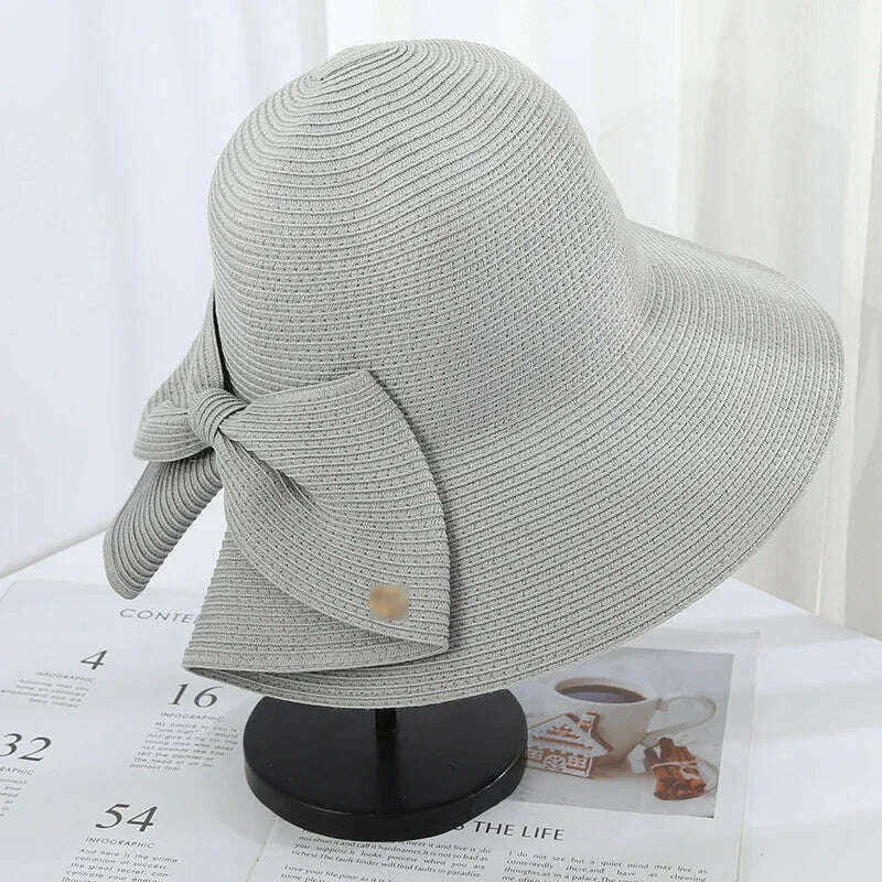 KIMLUD, Women's Sun Hat Big Bow Wide Brim Floppy Summer Hats for Women Beach Panama Straw Hat Sun Protection Visor Femme Cap Straw Hat, KIMLUD Womens Clothes