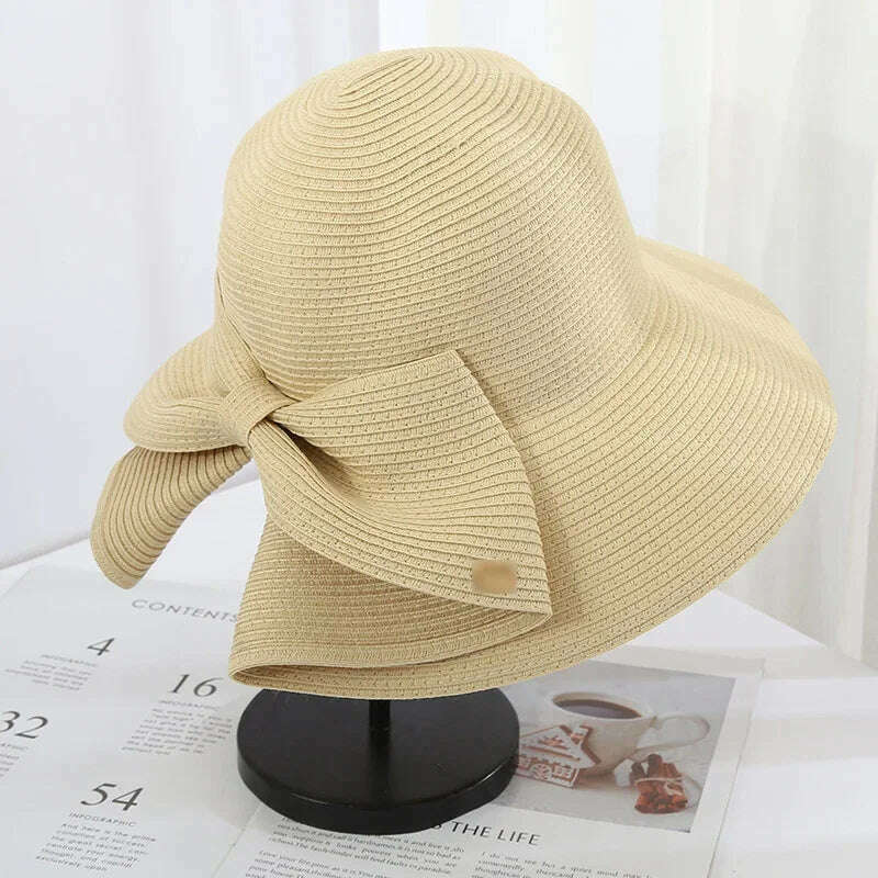 KIMLUD, Women's Sun Hat Big Bow Wide Brim Floppy Summer Hats for Women Beach Panama Straw Hat Sun Protection Visor Femme Cap Straw Hat, KIMLUD Womens Clothes