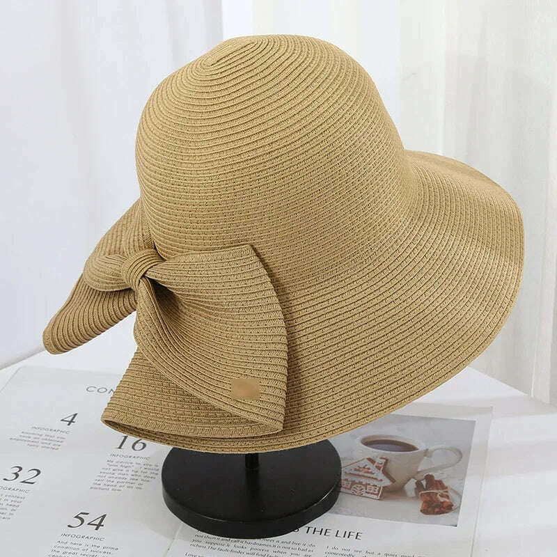 KIMLUD, Women's Sun Hat Big Bow Wide Brim Floppy Summer Hats for Women Beach Panama Straw Hat Sun Protection Visor Femme Cap Straw Hat, Khaki / M(56-58cm), KIMLUD Womens Clothes