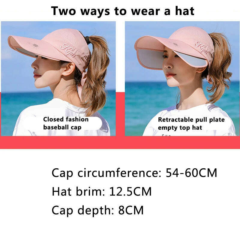 KIMLUD, Women's Sun Hat Cycling Breathable Visor Caps Female Scalable Brim Empty Top Baseball Cap Wide Brim Cap UV Protection Beach Hats, KIMLUD Womens Clothes