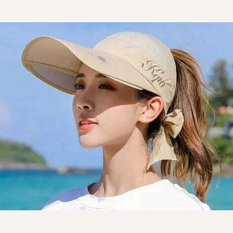 KIMLUD, Women's Sun Hat Cycling Breathable Visor Caps Female Scalable Brim Empty Top Baseball Cap Wide Brim Cap UV Protection Beach Hats, Khaki / 54-60CM, KIMLUD Womens Clothes