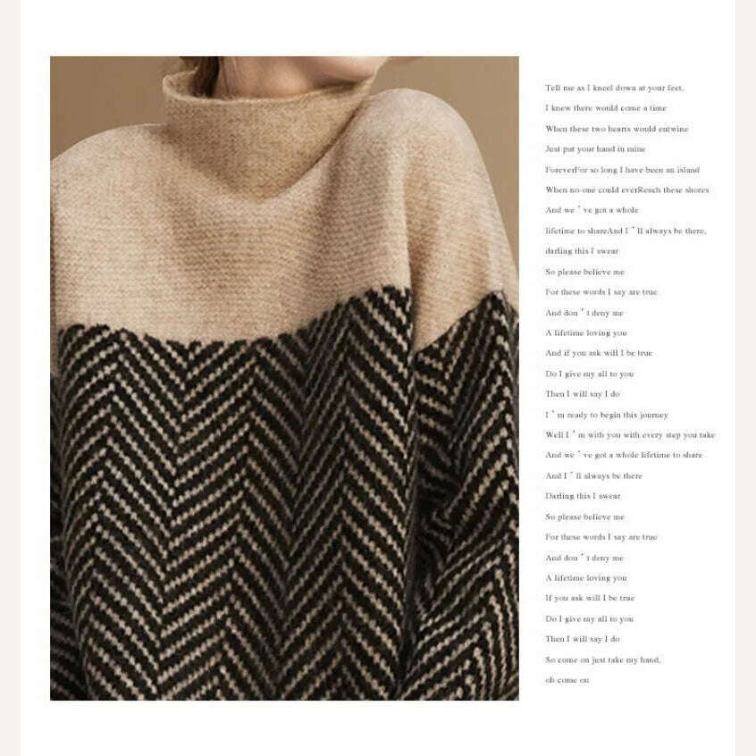 Women's Sweater Autumn Vintage Colorblocking Half Turtleneck Knit Sweater Loose Lazy Style Inside Matching Pullover Sweater Tops - KIMLUD