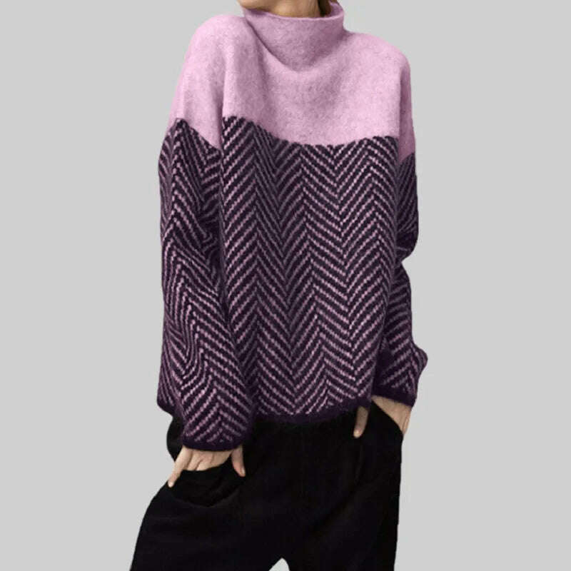 KIMLUD, Women's Sweater Autumn Vintage Colorblocking Half Turtleneck Knit Sweater Loose Lazy Style Inside Matching Pullover Sweater Tops, PURPLE / One Size, KIMLUD Women's Clothes