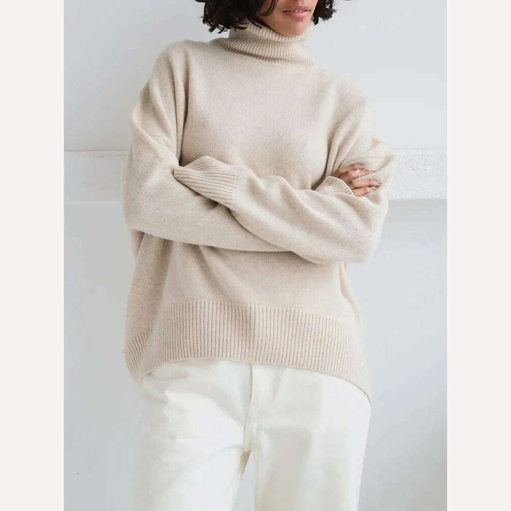 KIMLUD, Women's Thick Sweaters Oversize Turtleneck Women Winter Warm White Pullovers Knitted High Neck Oversized Sweater For Women Tops, Light apricot / S, KIMLUD Women's Clothes