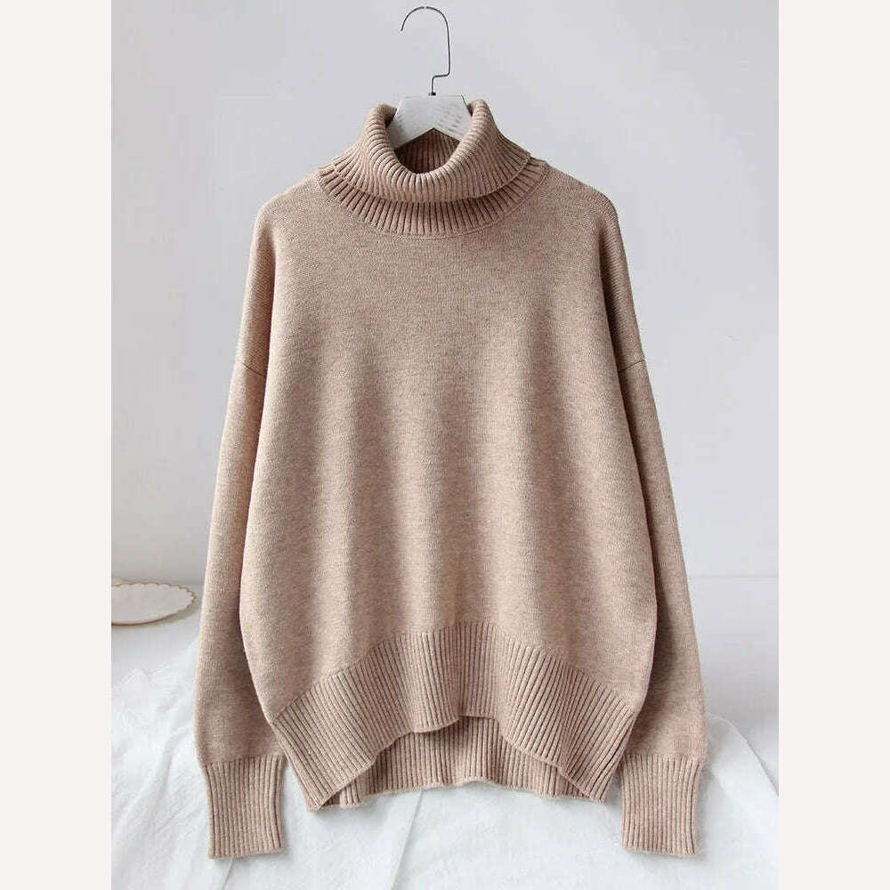 KIMLUD, Women's Thick Sweaters Oversize Turtleneck Women Winter Warm White Pullovers Knitted High Neck Oversized Sweater For Women Tops, Khaki / S, KIMLUD Women's Clothes