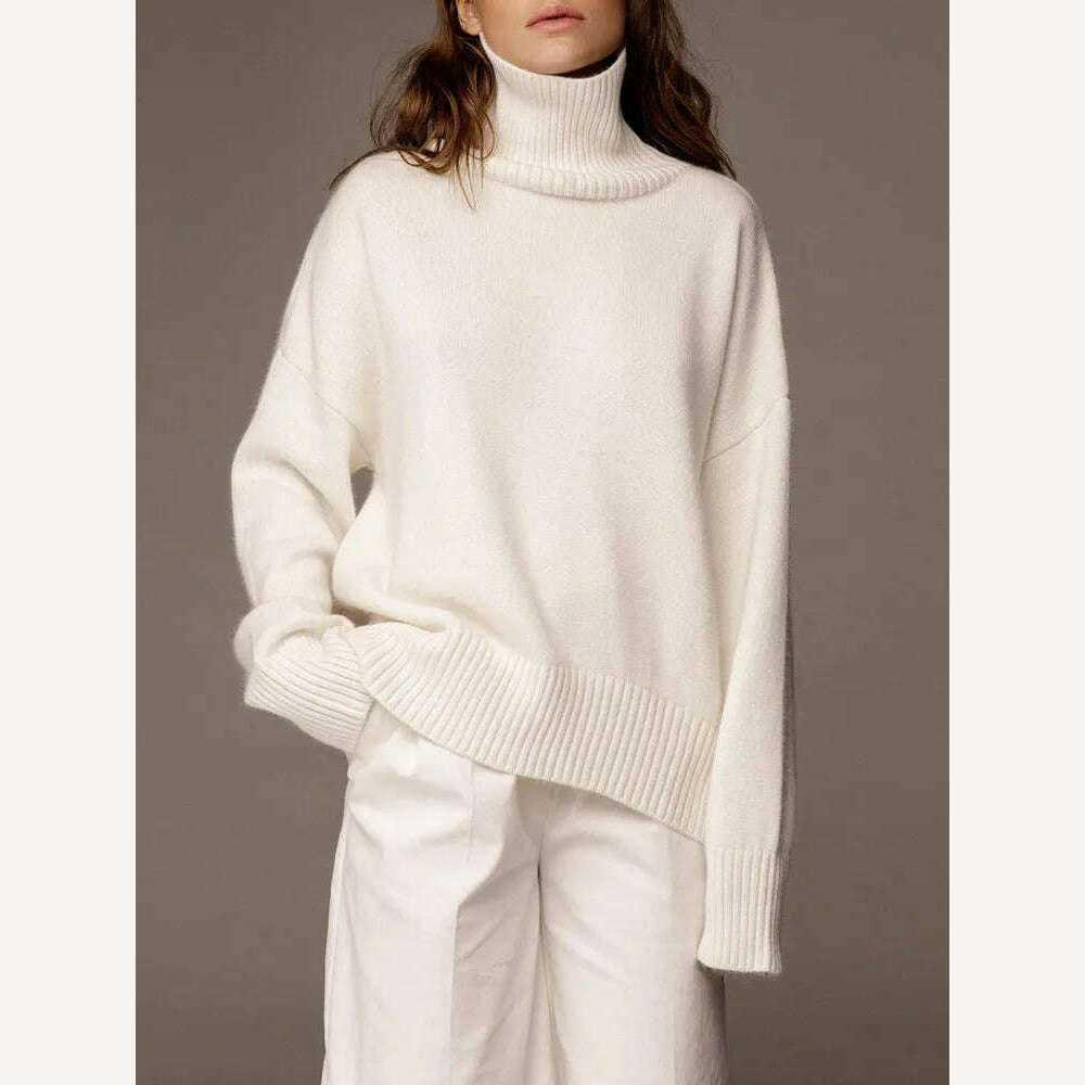 KIMLUD, Women's Thick Sweaters Oversize Turtleneck Women Winter Warm White Pullovers Knitted High Neck Oversized Sweater For Women Tops, WHITE / S, KIMLUD Women's Clothes