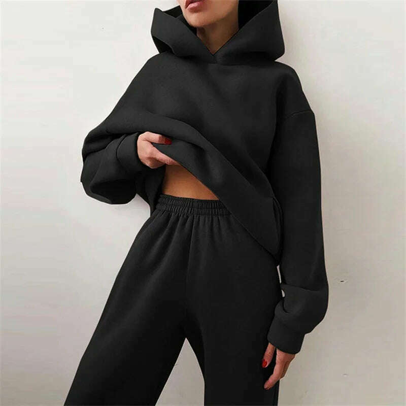 KIMLUD, Women's Tracksuit Suit Autumn Fashion Warm Hoodie Sweatshirts Two Pieces Oversized Solid Casual Hoody Pullovers Long Pant Sets, Black / L, KIMLUD APPAREL - Womens Clothes