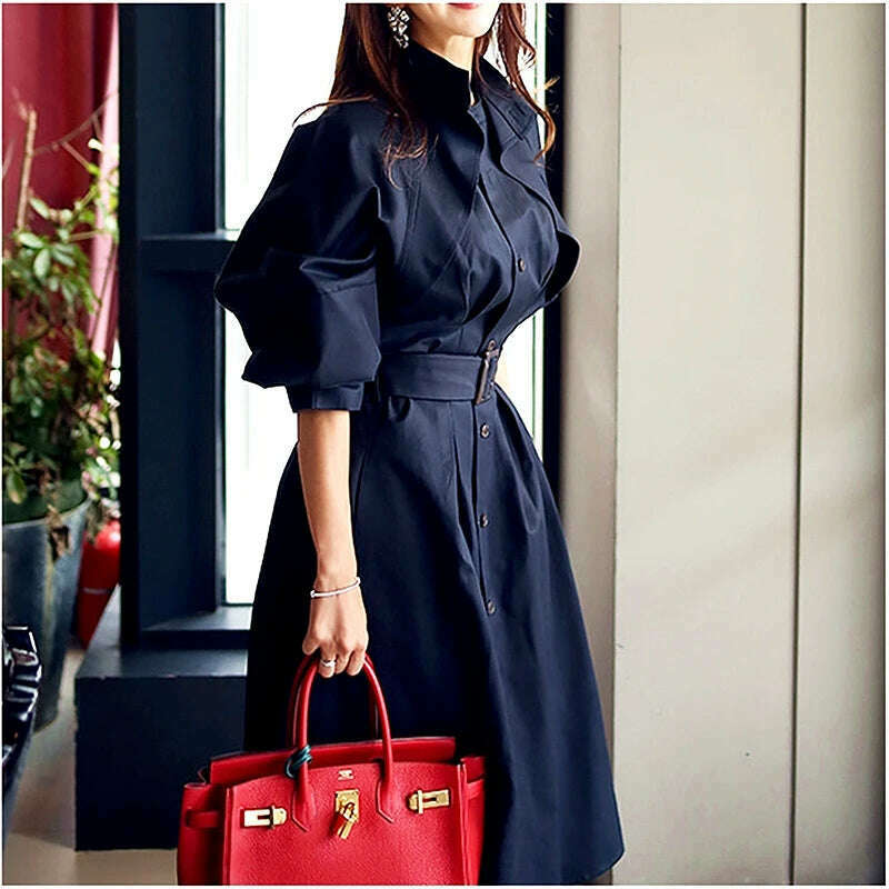 Women's Trench Coat with Sashes, Long Sleeve, Elegant, Whole Colored, Work Wear, Spring, Autumn, SL102 - KIMLUD