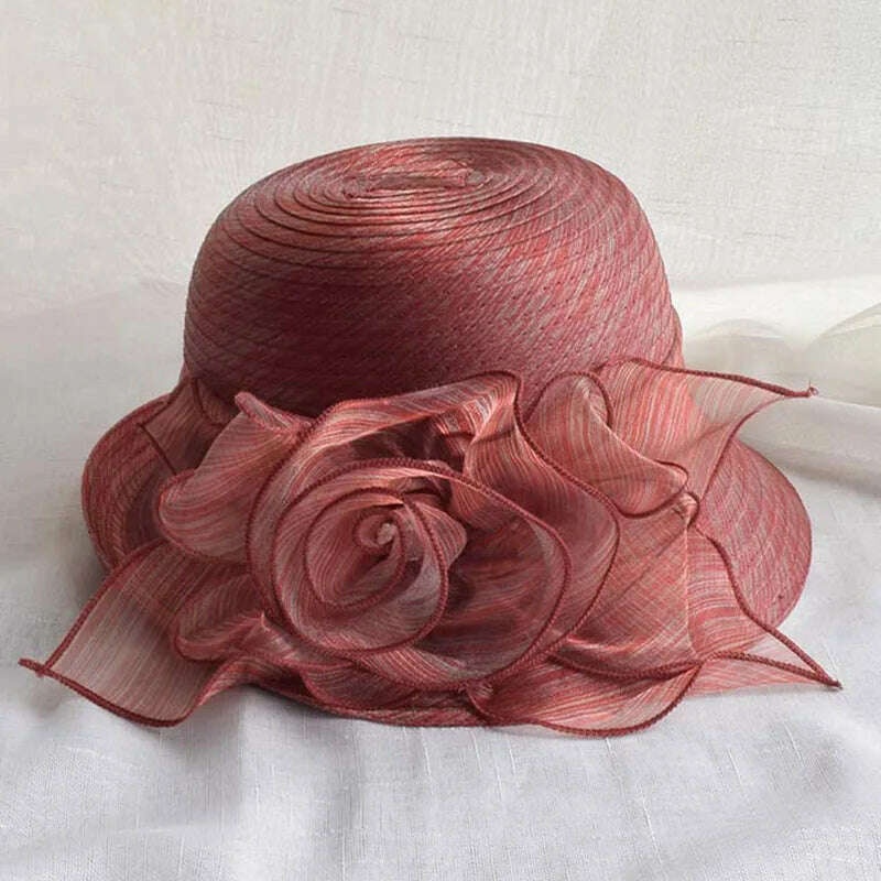 KIMLUD, Womens Up-Turned Brim Organza Hats Wedding Occasion Wide Brim Sun Hat Kentucky Derby Summer Church Party Hats Dressy Millinery, Red, KIMLUD Womens Clothes