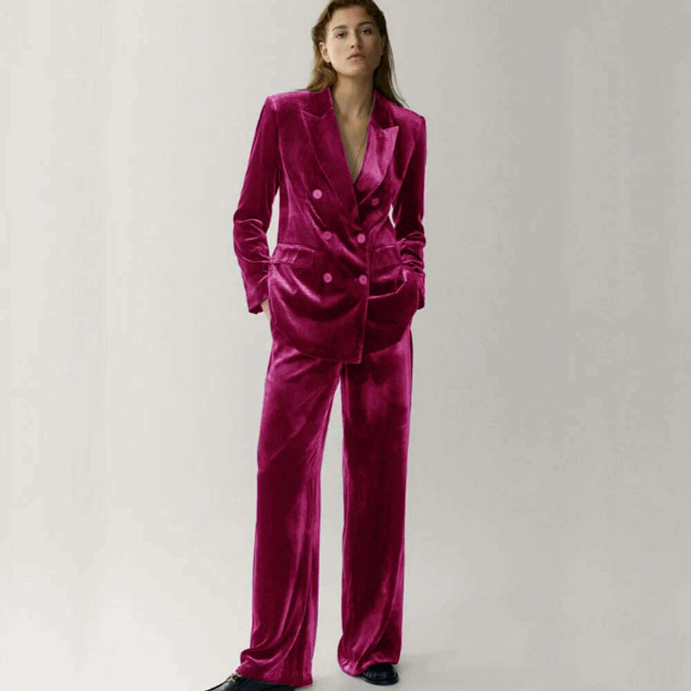 KIMLUD, Women's Velveteen Suit Chic and Elegant Woman Set Double Breasted ,2-piece Set (Jacket + Pants) Fashion Suits Standard Collar, Fuchsia / XS, KIMLUD Women's Clothes