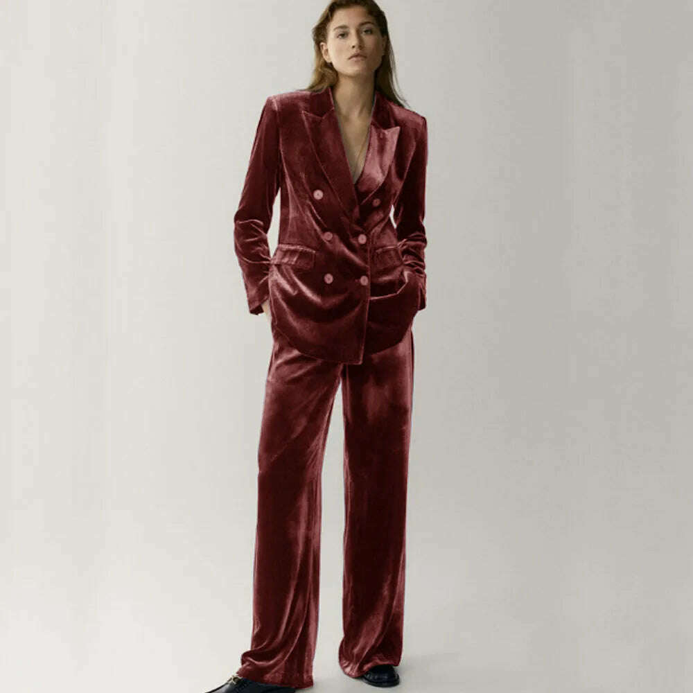 KIMLUD, Women's Velveteen Suit Chic and Elegant Woman Set Double Breasted ,2-piece Set (Jacket + Pants) Fashion Suits Standard Collar, Claret / XS, KIMLUD Women's Clothes