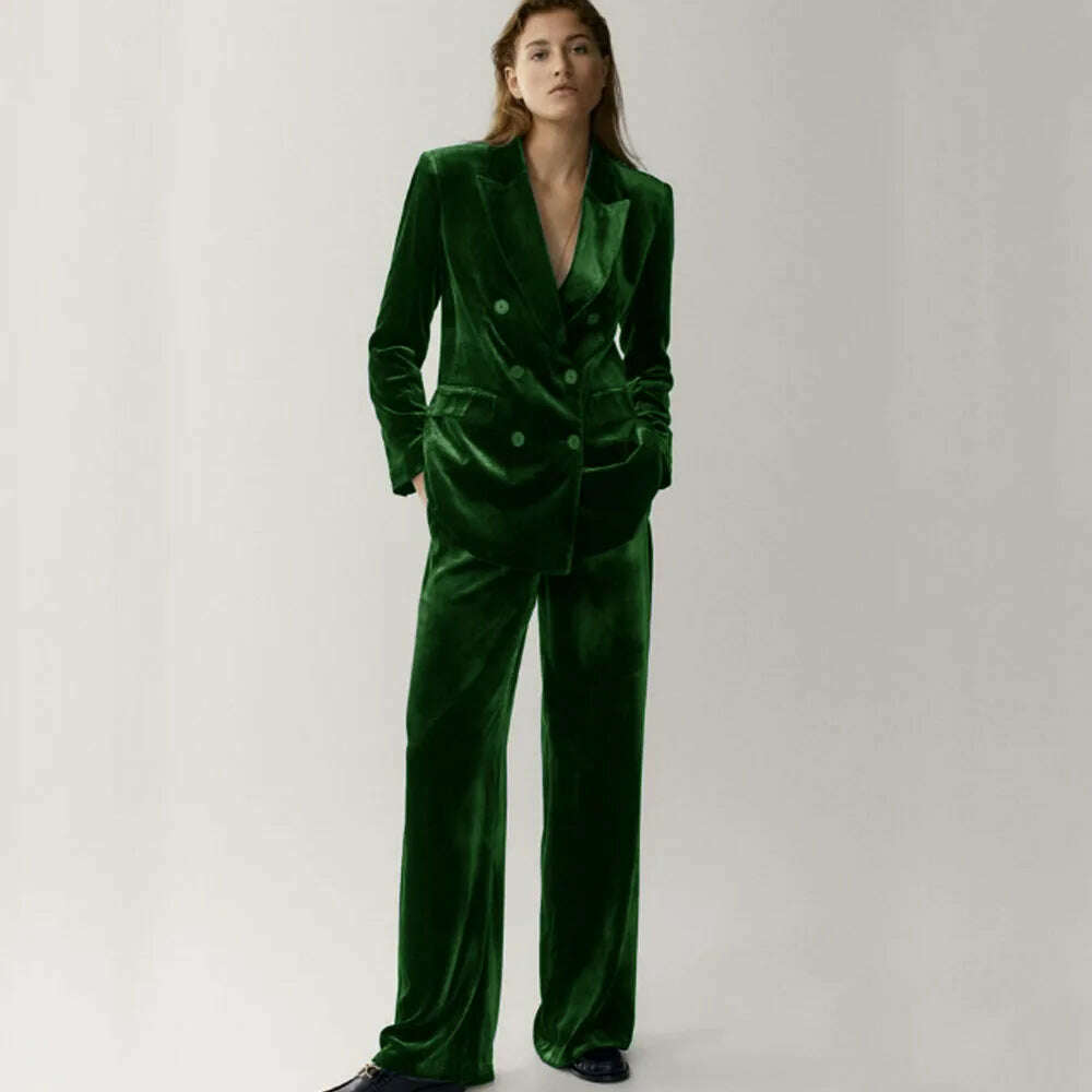 KIMLUD, Women's Velveteen Suit Chic and Elegant Woman Set Double Breasted ,2-piece Set (Jacket + Pants) Fashion Suits Standard Collar, green / XS, KIMLUD Women's Clothes