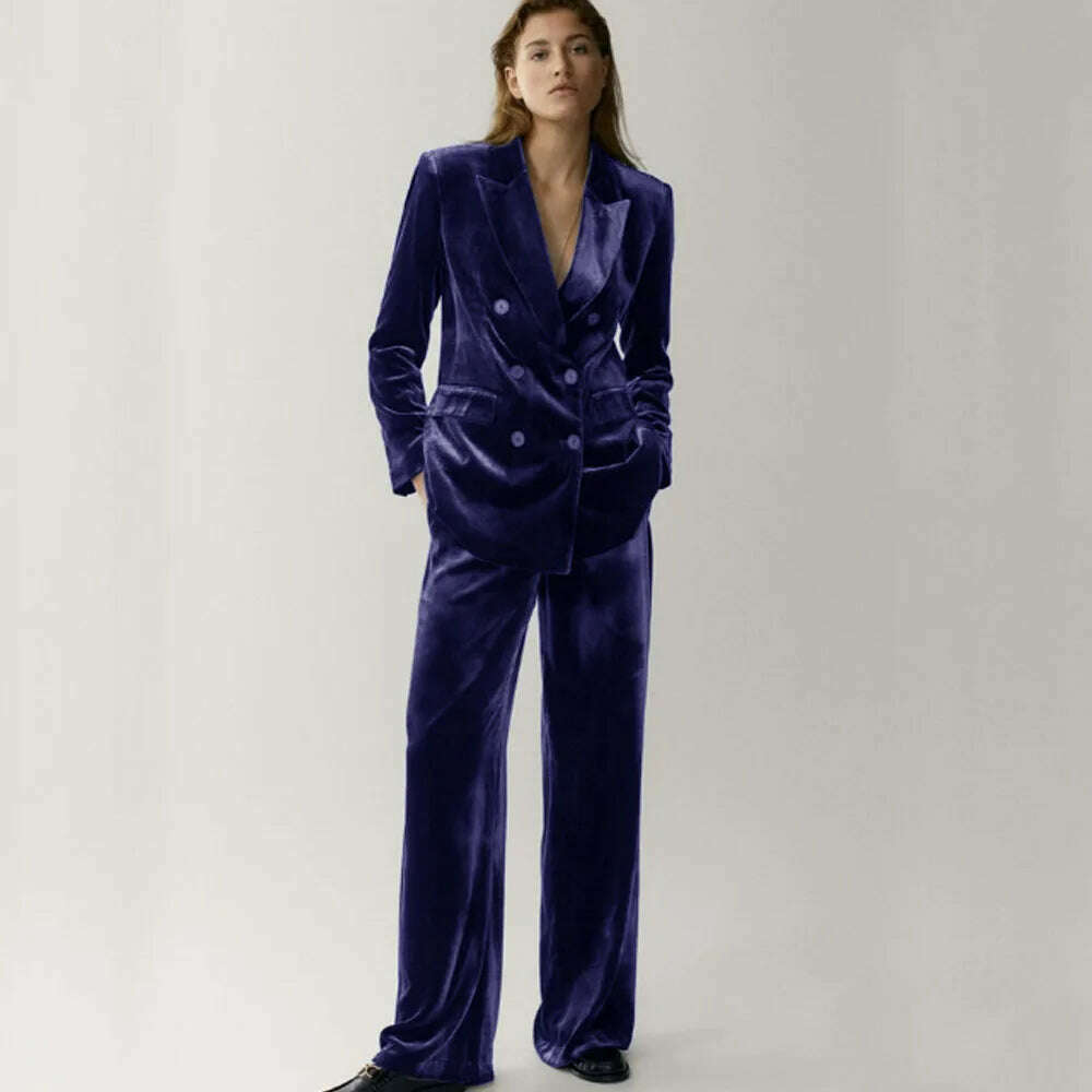 KIMLUD, Women's Velveteen Suit Chic and Elegant Woman Set Double Breasted ,2-piece Set (Jacket + Pants) Fashion Suits Standard Collar, PURPLE / XS, KIMLUD Women's Clothes