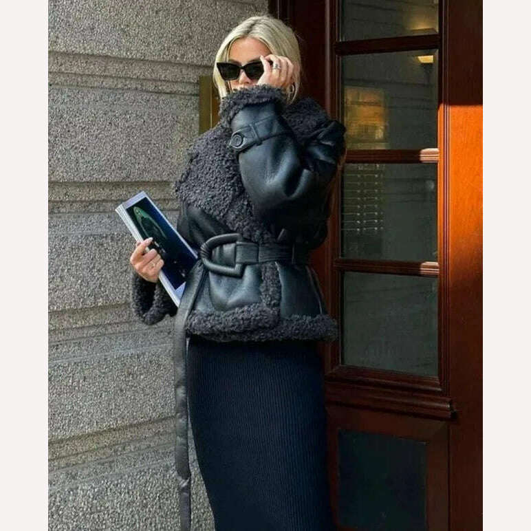 KIMLUD, Women's Waist Belt Fur Integrated Jackets 2023 Winter Solid Plush Patchwork Lapel Long Sleeve Coat Fashion Female Thick Outwear, KIMLUD Womens Clothes