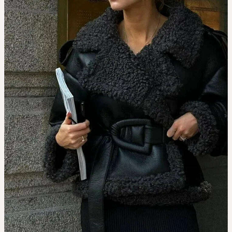 KIMLUD, Women's Waist Belt Fur Integrated Jackets 2023 Winter Solid Plush Patchwork Lapel Long Sleeve Coat Fashion Female Thick Outwear, black / S, KIMLUD APPAREL - Womens Clothes