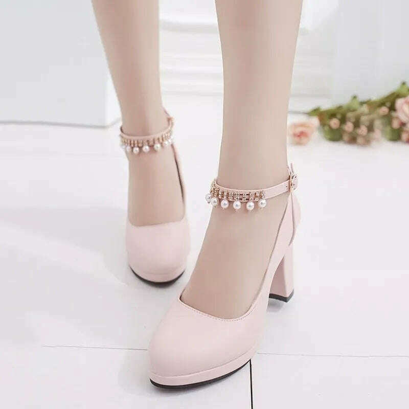 KIMLUD, Women's Wedding Shoes String Bead Ankle Strap Elegant Middle High Heel Dress Platform Bridal Pearl Pumps 8cm 2022 Autumn Leather, KIMLUD Womens Clothes