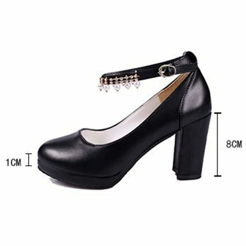 KIMLUD, Women's Wedding Shoes String Bead Ankle Strap Elegant Middle High Heel Dress Platform Bridal Pearl Pumps 8cm 2022 Autumn Leather, KIMLUD Womens Clothes