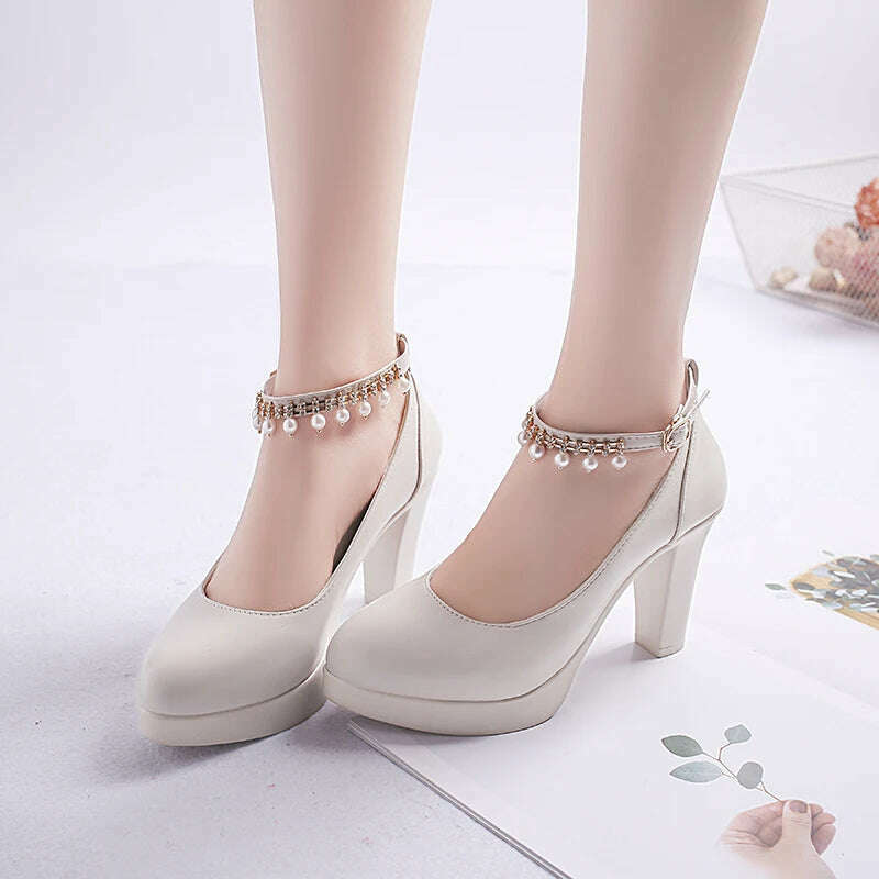 KIMLUD, Women's Wedding Shoes String Bead Ankle Strap Elegant Middle High Heel Dress Platform Bridal Pearl Pumps 8cm 2022 Autumn Leather, KIMLUD Womens Clothes