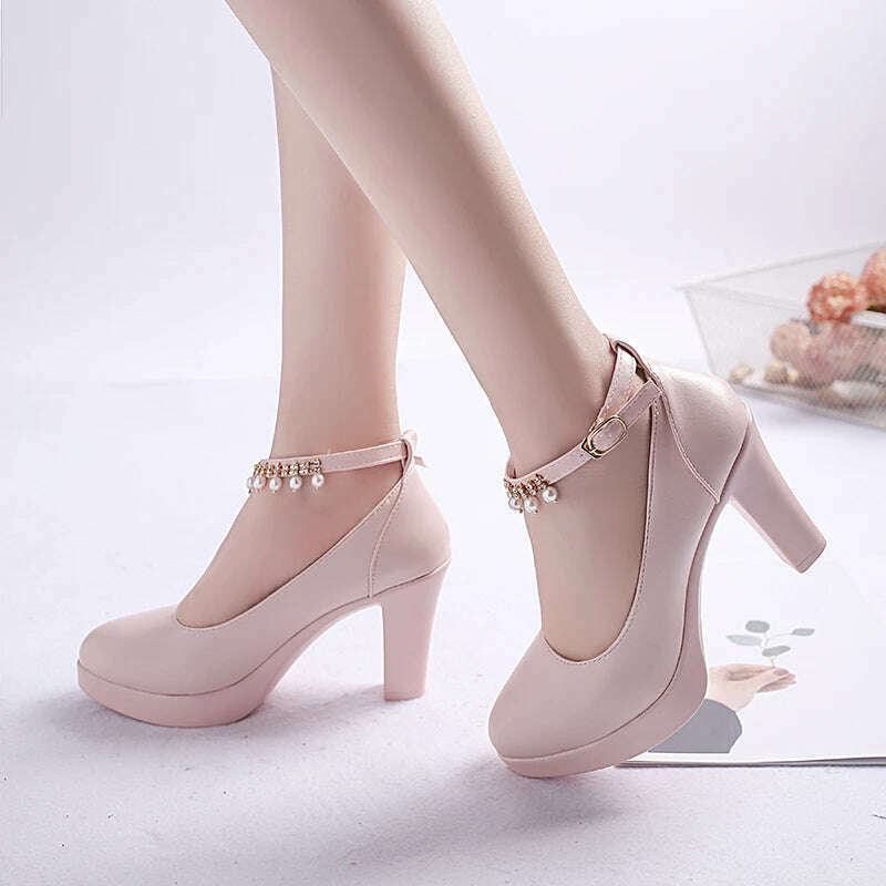 KIMLUD, Women's Wedding Shoes String Bead Ankle Strap Elegant Middle High Heel Dress Platform Bridal Pearl Pumps 8cm 2022 Autumn Leather, KIMLUD Womens Clothes