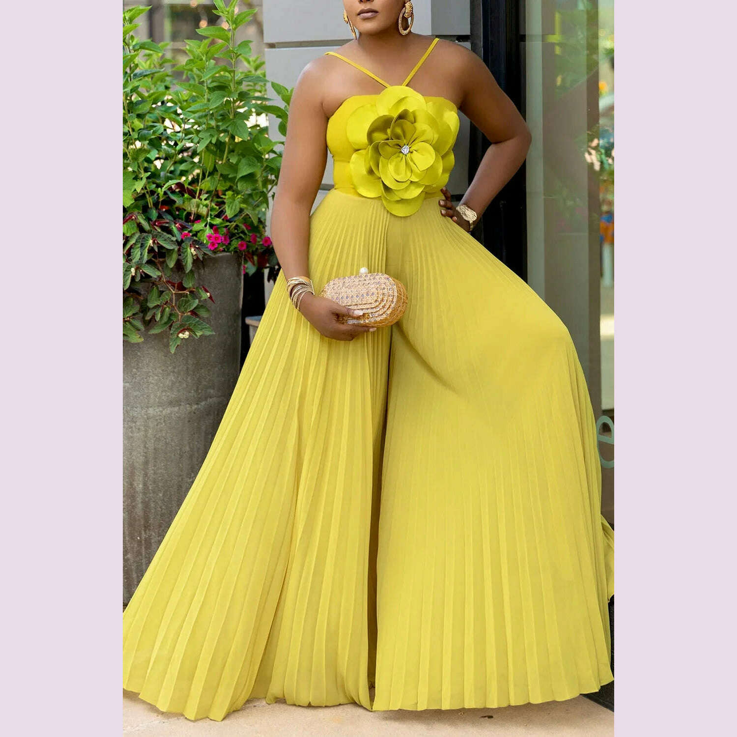 KIMLUD, Women's Wide Leg Jumpsuit Vacation Halter Collar 3D Pleated Chiffon Pleated Spaghetti Straps Elegant Jumpsuit 2025, KIMLUD Womens Clothes
