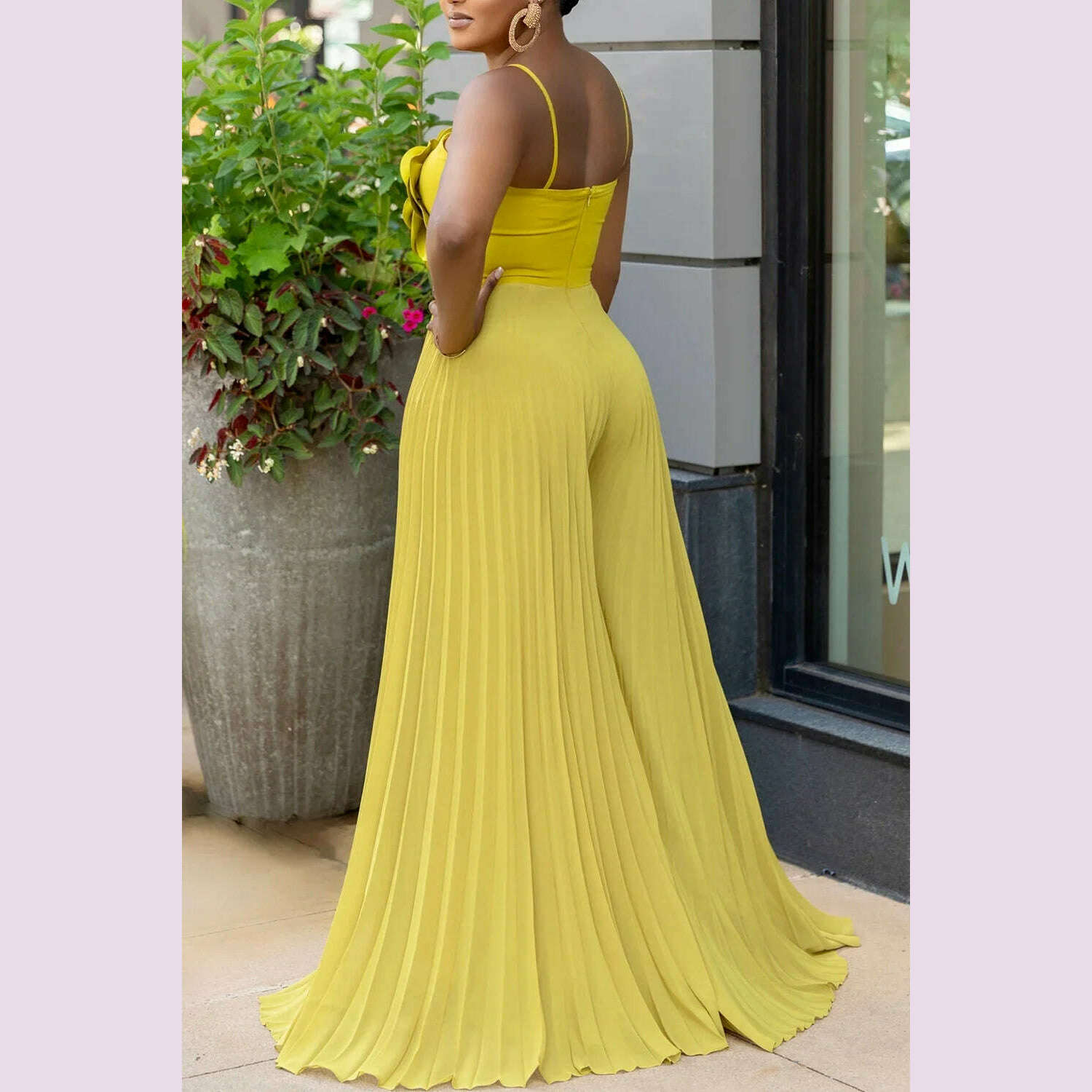 KIMLUD, Women's Wide Leg Jumpsuit Vacation Halter Collar 3D Pleated Chiffon Pleated Spaghetti Straps Elegant Jumpsuit 2025, KIMLUD Womens Clothes