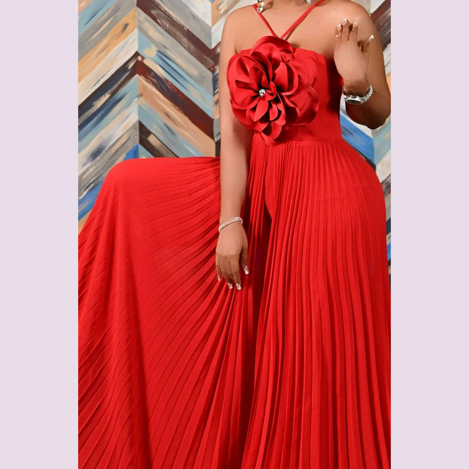 KIMLUD, Women's Wide Leg Jumpsuit Vacation Halter Collar 3D Pleated Chiffon Pleated Spaghetti Straps Elegant Jumpsuit 2025, KIMLUD Womens Clothes