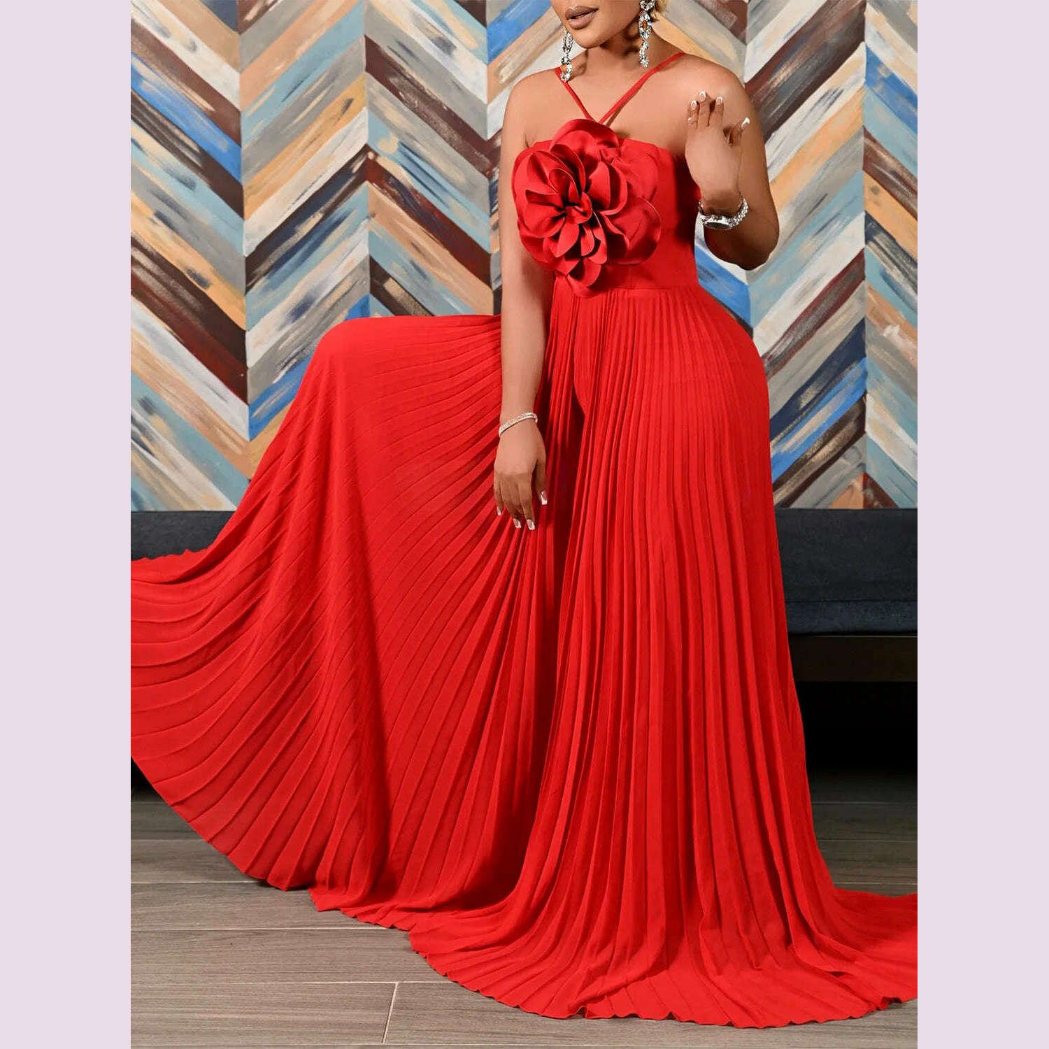 KIMLUD, Women's Wide Leg Jumpsuit Vacation Halter Collar 3D Pleated Chiffon Pleated Spaghetti Straps Elegant Jumpsuit 2025, Red / M, KIMLUD APPAREL - Womens Clothes