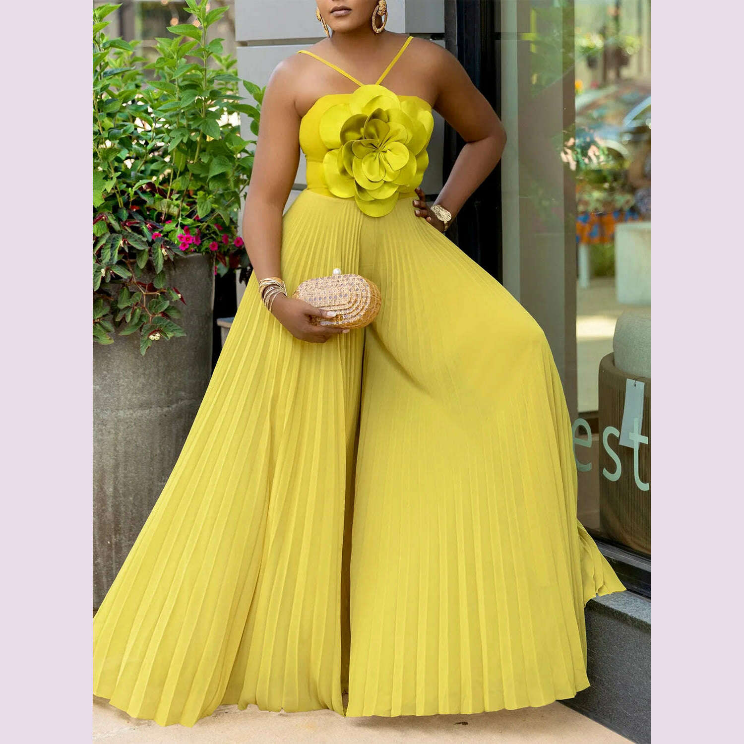 KIMLUD, Women's Wide Leg Jumpsuit Vacation Halter Collar 3D Pleated Chiffon Pleated Spaghetti Straps Elegant Jumpsuit 2025, Yellow / M, KIMLUD APPAREL - Womens Clothes