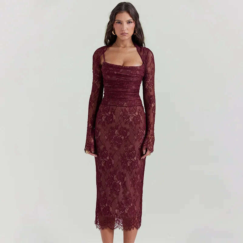 KIMLUD, Women's Winter Fashion Lace Printed Back Strap Temperament Slip Dress Club Party Long Dress Elegant Vestidos, Red / S, KIMLUD APPAREL - Womens Clothes