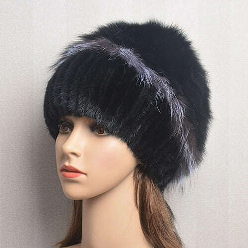 KIMLUD, Women's Winter Fur Hat Natural Fur Knitted Mink Fox Pom Pom Fur Hats With Balls Stylish Warm Fashion Girls Beanies Hat, black / One Size, KIMLUD Women's Clothes