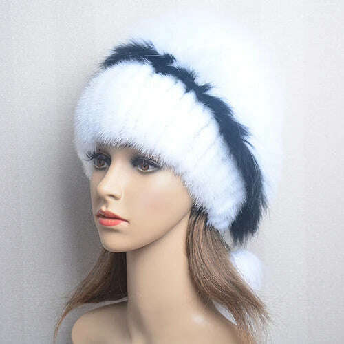 KIMLUD, Women's Winter Fur Hat Natural Fur Knitted Mink Fox Pom Pom Fur Hats With Balls Stylish Warm Fashion Girls Beanies Hat, white 2 / One Size, KIMLUD Women's Clothes