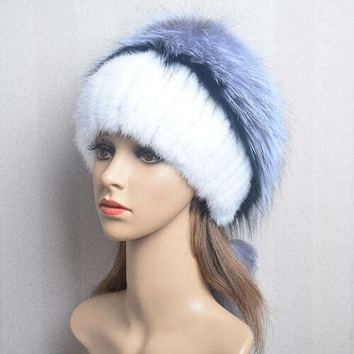 KIMLUD, Women's Winter Fur Hat Natural Fur Knitted Mink Fox Pom Pom Fur Hats With Balls Stylish Warm Fashion Girls Beanies Hat, white 1 / One Size, KIMLUD Womens Clothes