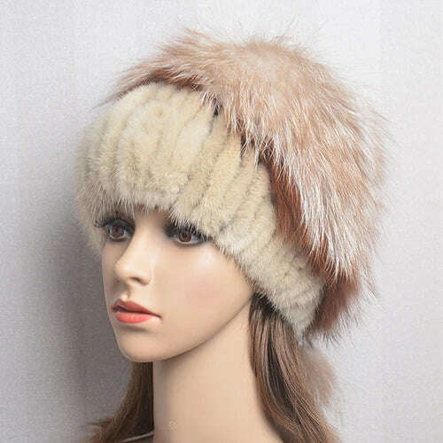 KIMLUD, Women's Winter Fur Hat Natural Fur Knitted Mink Fox Pom Pom Fur Hats With Balls Stylish Warm Fashion Girls Beanies Hat, Golden / One Size, KIMLUD Womens Clothes