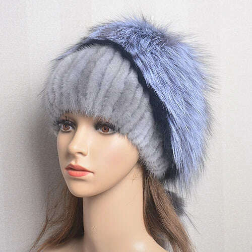 KIMLUD, Women's Winter Fur Hat Natural Fur Knitted Mink Fox Pom Pom Fur Hats With Balls Stylish Warm Fashion Girls Beanies Hat, grey / One Size, KIMLUD Women's Clothes