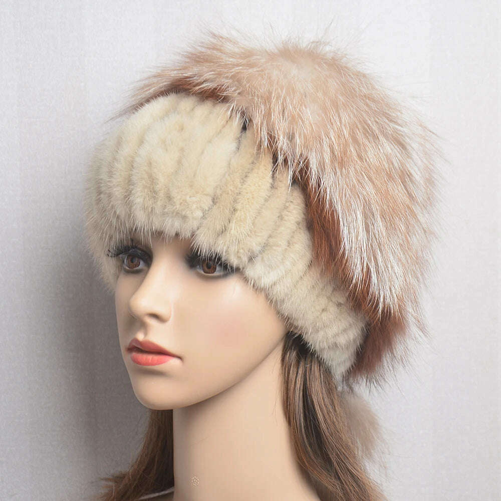 KIMLUD, Women's Winter Fur Hat Natural Fur Knitted Mink Fox Pom Pom Fur Hats With Balls Stylish Warm Fashion Girls Beanies Hat, KIMLUD Women's Clothes