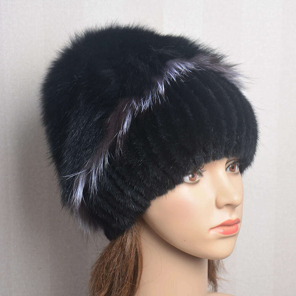 KIMLUD, Women's Winter Fur Hat Natural Fur Knitted Mink Fox Pom Pom Fur Hats With Balls Stylish Warm Fashion Girls Beanies Hat, KIMLUD Women's Clothes