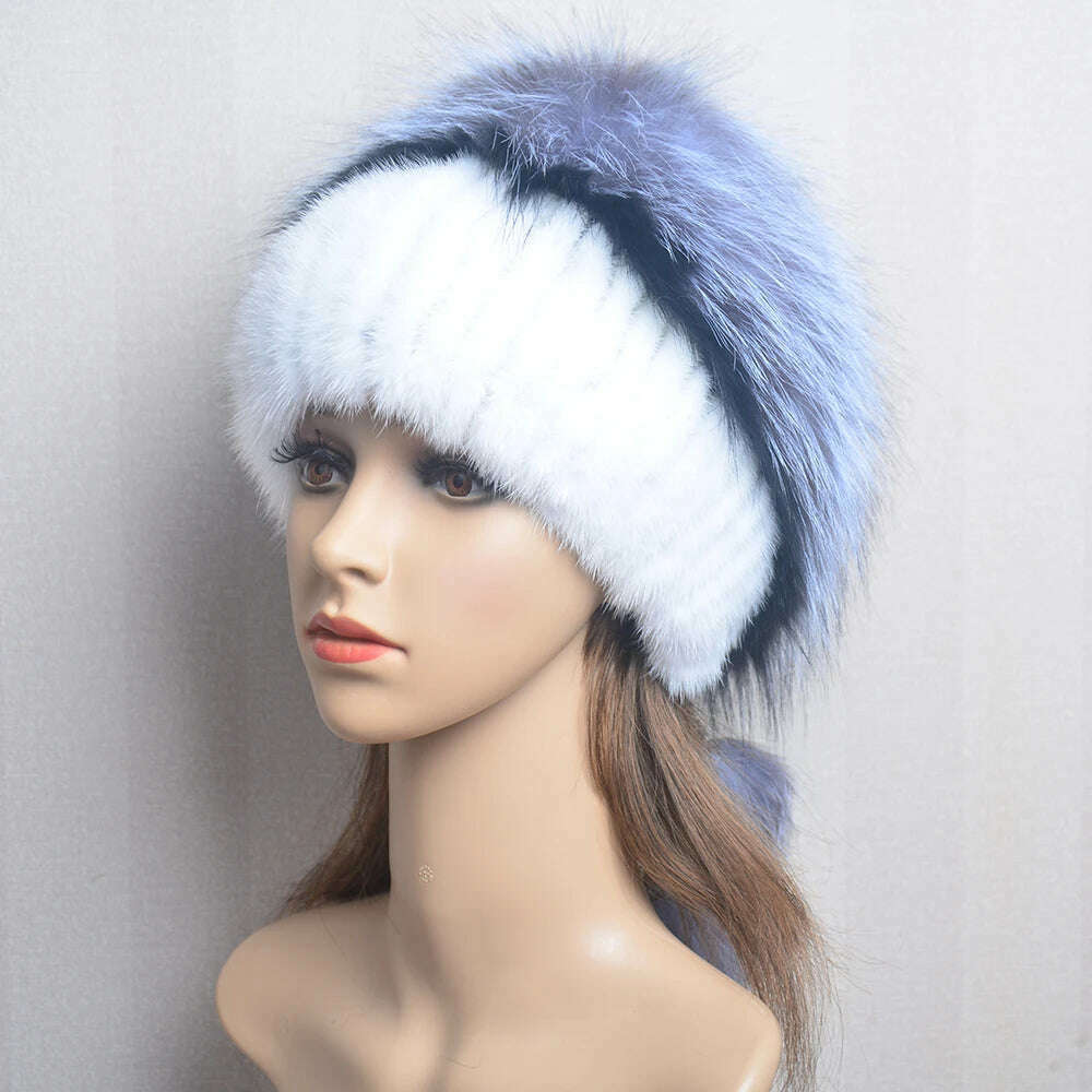 KIMLUD, Women's Winter Fur Hat Natural Fur Knitted Mink Fox Pom Pom Fur Hats With Balls Stylish Warm Fashion Girls Beanies Hat, KIMLUD Womens Clothes