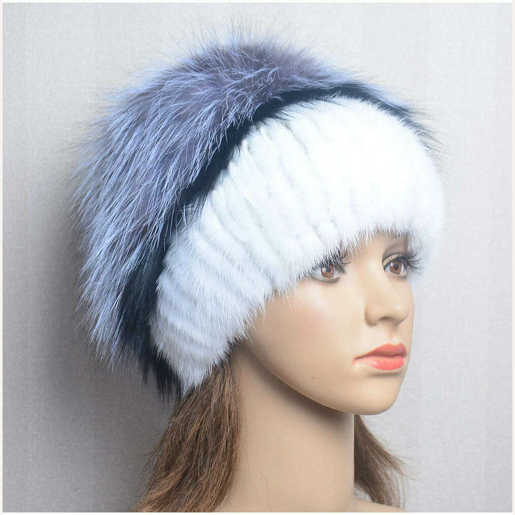 KIMLUD, Women's Winter Fur Hat Natural Fur Knitted Mink Fox Pom Pom Fur Hats With Balls Stylish Warm Fashion Girls Beanies Hat, KIMLUD Womens Clothes