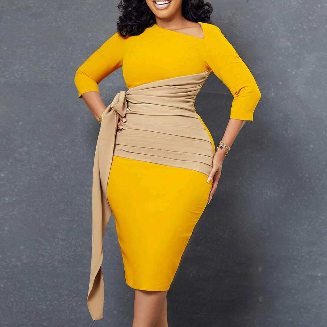 KIMLUD, Work Office Clothing for Women Ladies 2023 Formal Lantern Sleeve Bodycon Split Fashion Elegant Business Work Wear Dress Midi New, Yellow Clothes / M, KIMLUD APPAREL - Womens Clothes